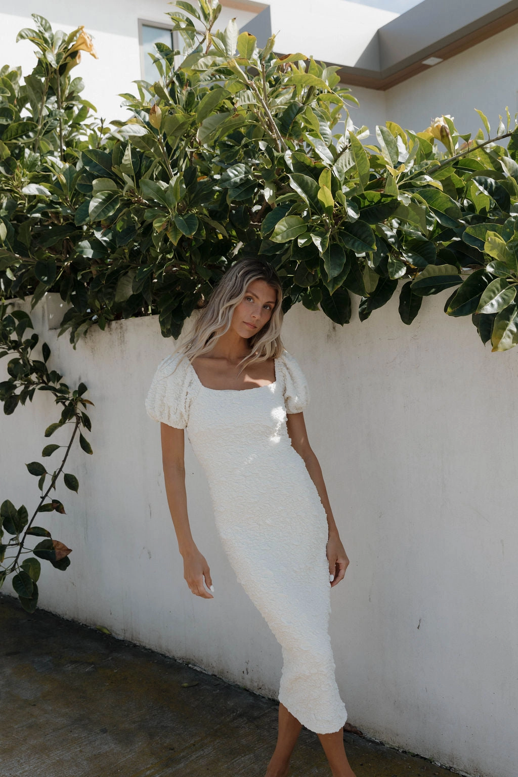 Blakeley Textured Midi Dress in Ivory- Bump Friendly & Inclusive Sizing (S-3XL)