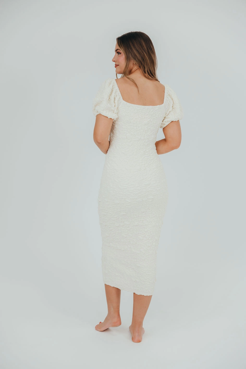 Blakeley Textured Midi Dress in Ivory- Bump Friendly & Inclusive Sizing (S-3XL)