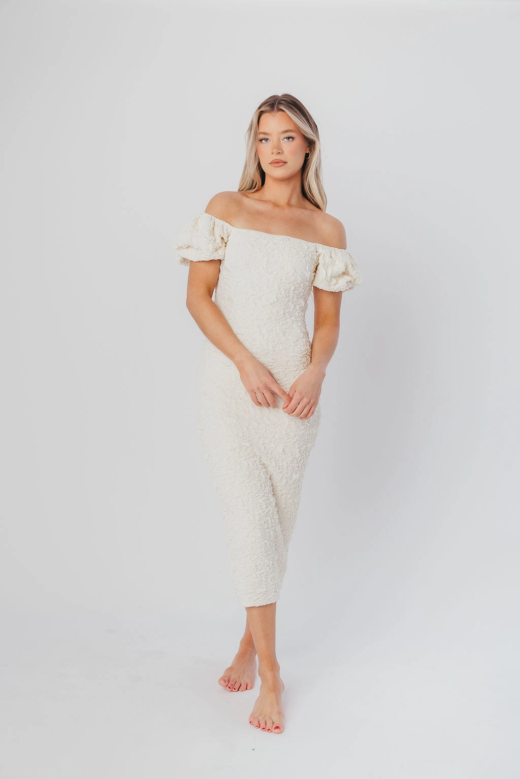 Blakeley Textured Midi Dress in Ivory- Bump Friendly & Inclusive Sizing (S-3XL)