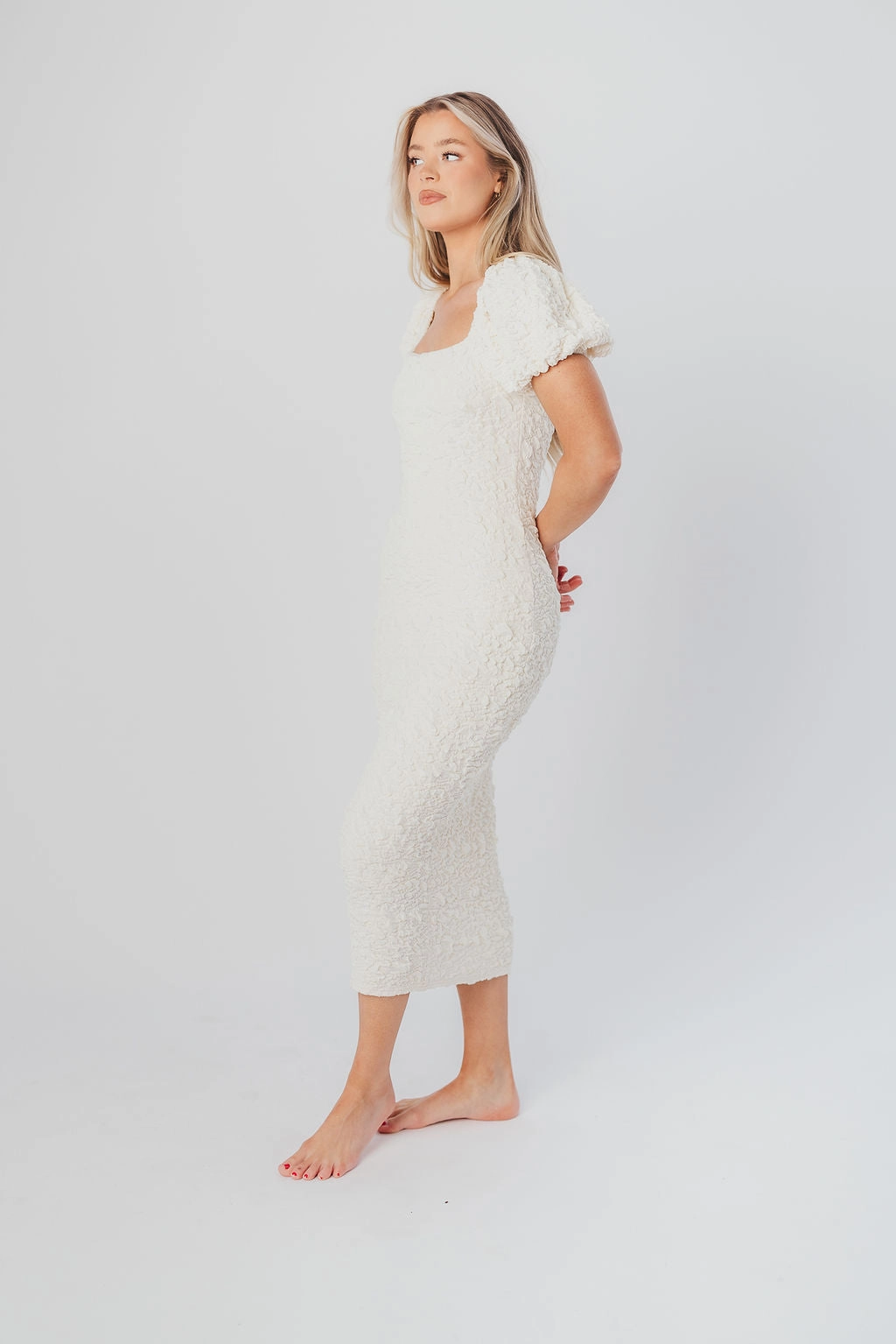 Blakeley Textured Midi Dress in Ivory- Bump Friendly & Inclusive Sizing (S-3XL)