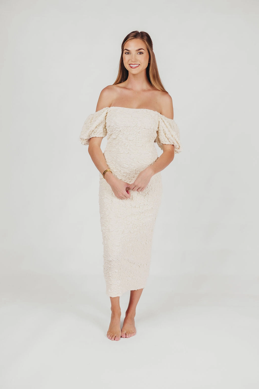 Blakeley Textured Midi Dress in Ivory- Bump Friendly & Inclusive Sizing (S-3XL)