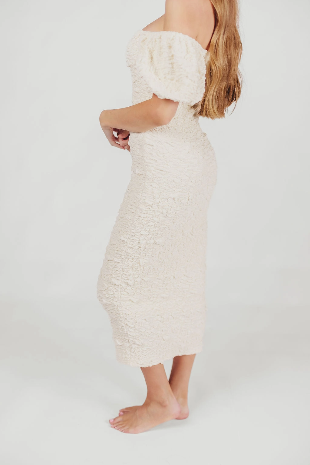 Blakeley Textured Midi Dress in Ivory- Bump Friendly & Inclusive Sizing (S-3XL)