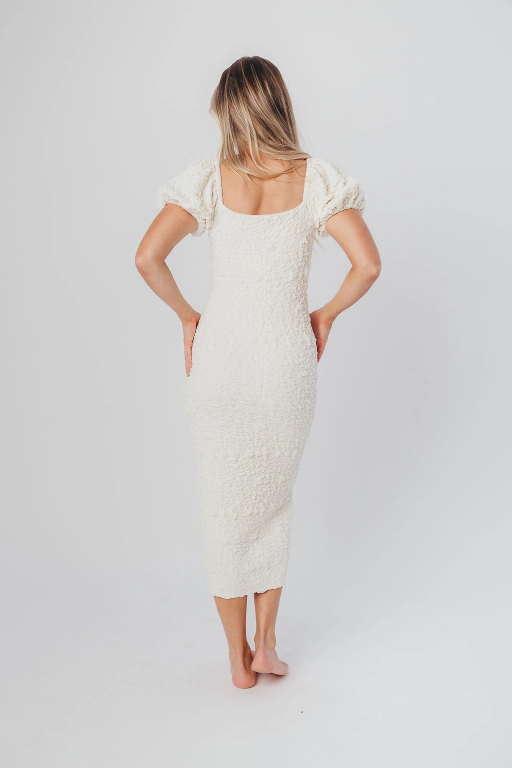 Blakeley Textured Midi Dress in Ivory- Bump Friendly & Inclusive Sizing (S-3XL)