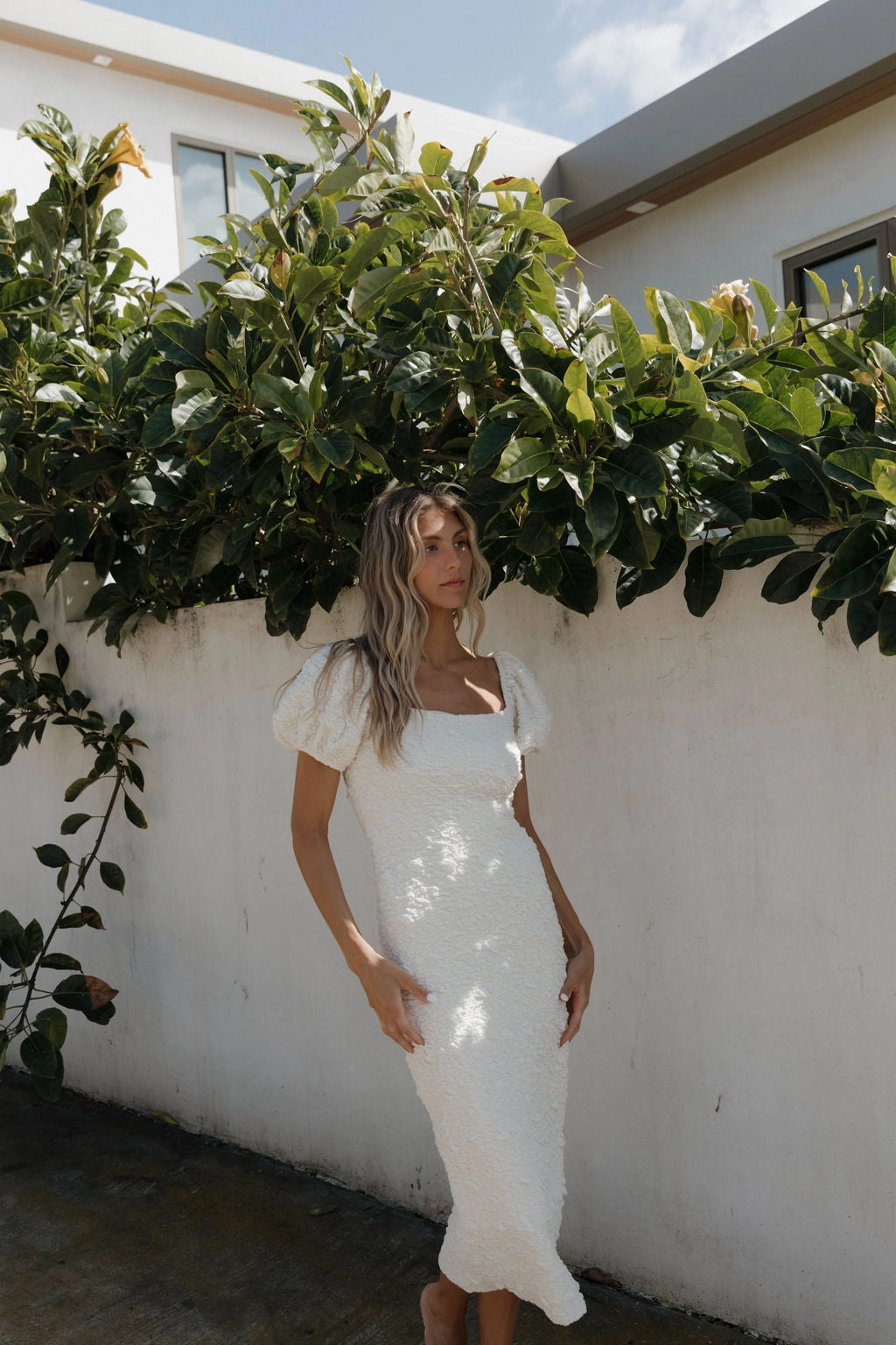 Blakeley Textured Midi Dress in Ivory- Bump Friendly & Inclusive Sizing (S-3XL)