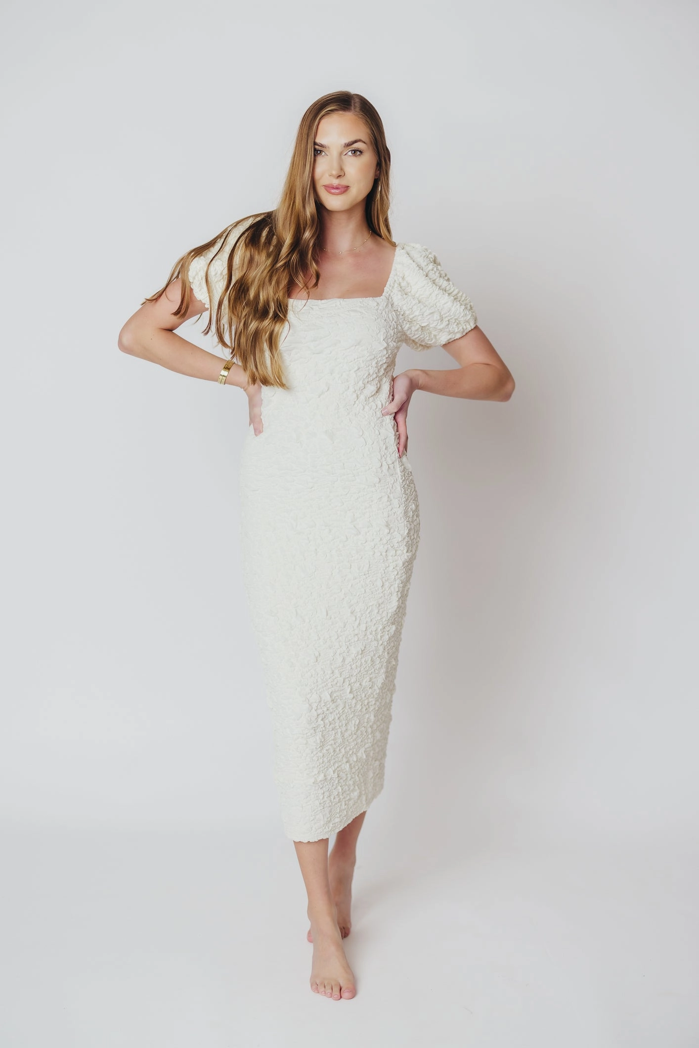 Blakeley Textured Midi Dress in Ivory- Bump Friendly & Inclusive Sizing (S-3XL)