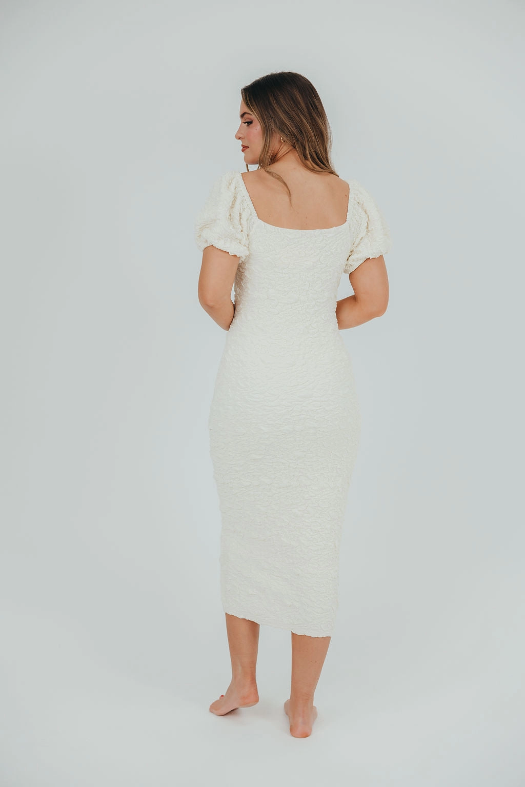 Blakeley Textured Midi Dress in Ivory- Bump Friendly & Inclusive Sizing (S-3XL)