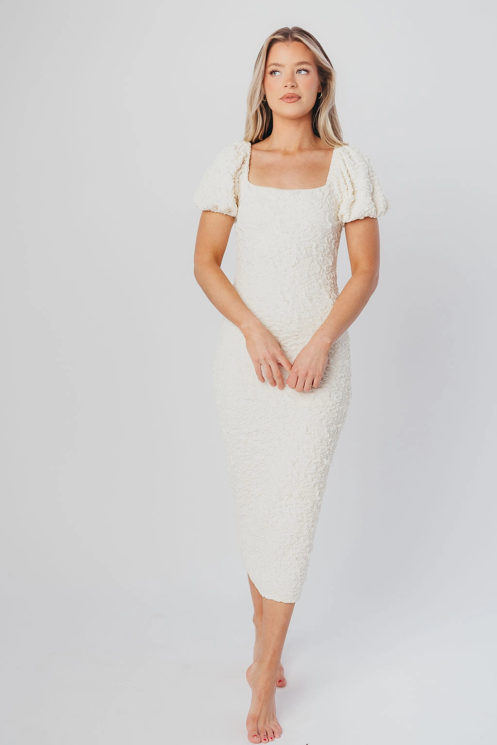 Blakeley Textured Midi Dress in Ivory- Bump Friendly & Inclusive Sizing (S-3XL)