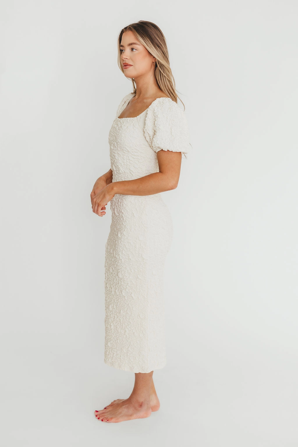 Blakeley Textured Midi Dress in Ivory- Bump Friendly & Inclusive Sizing (S-3XL)
