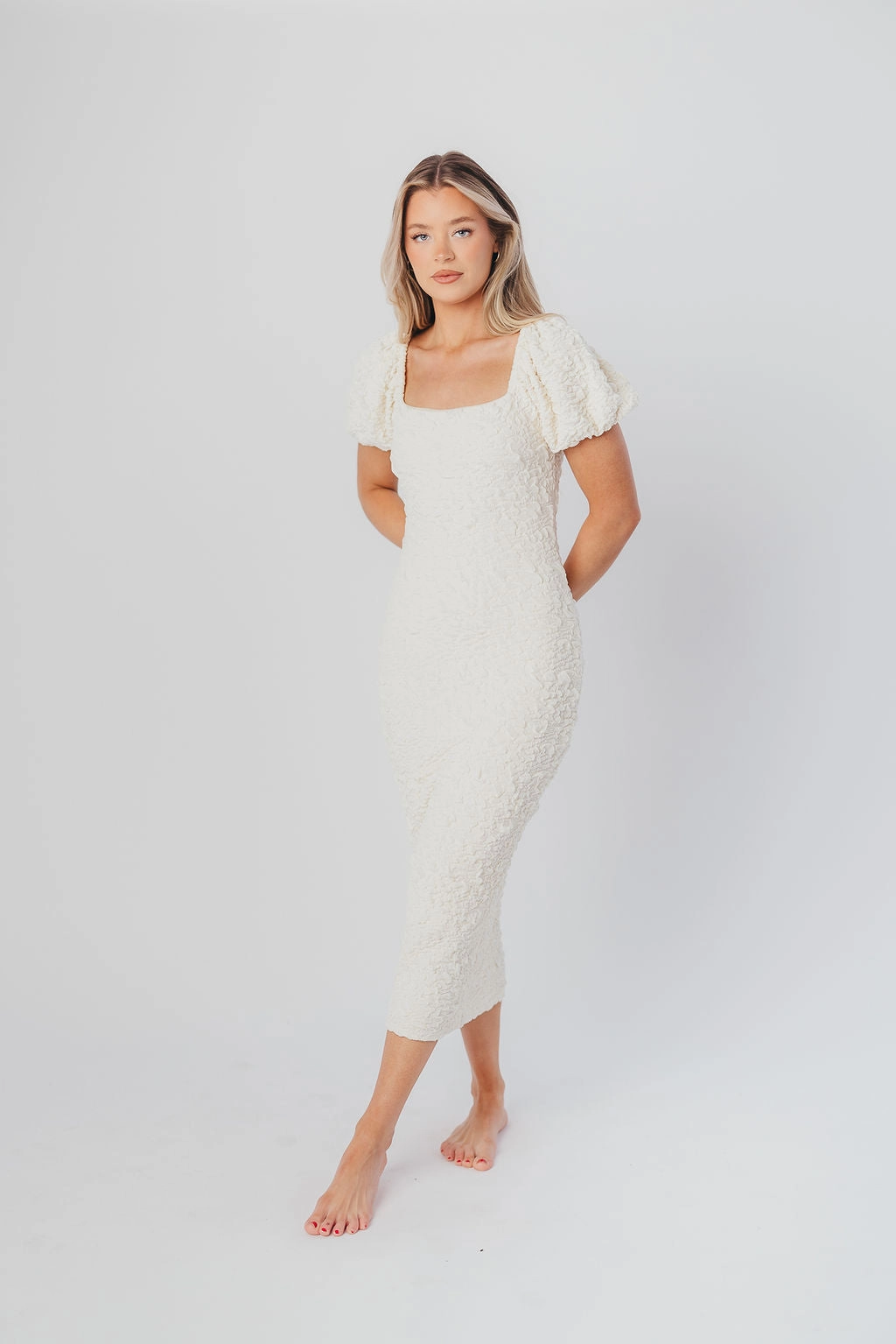 Blakeley Textured Midi Dress in Ivory- Bump Friendly & Inclusive Sizing (S-3XL)