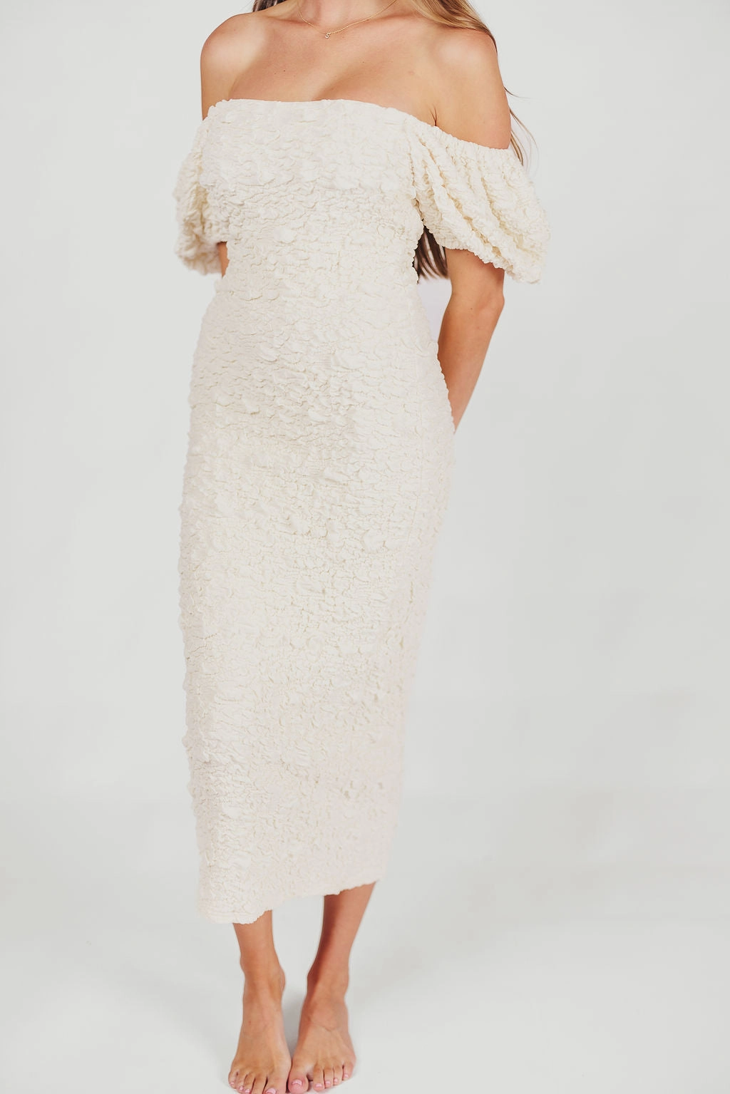 Blakeley Textured Midi Dress in Ivory- Bump Friendly & Inclusive Sizing (S-3XL)