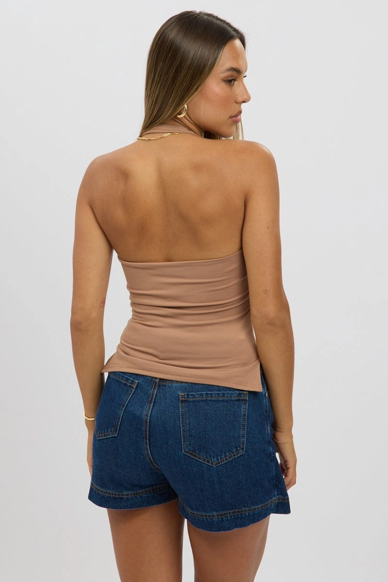 Brown Halter Neck Top Belted