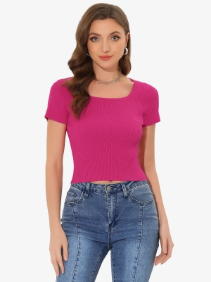 Casual Knitted Short Sleeve Round Neck Crop Top