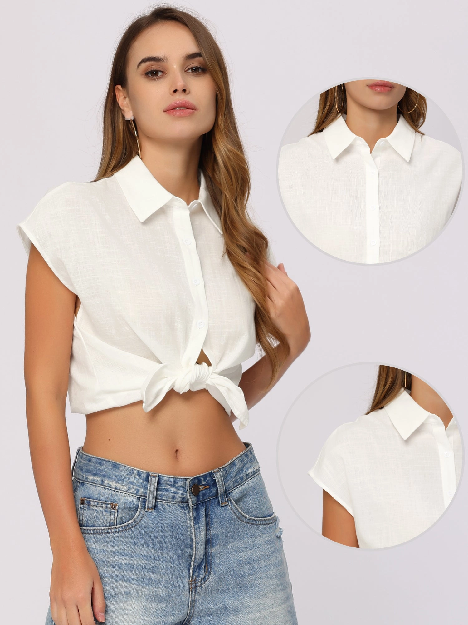 Casual Linen Button Down Cap Sleeve Cotton Collar Blouse
