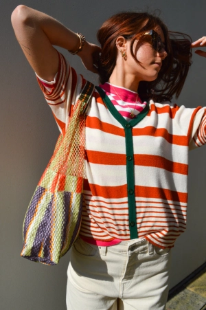 Compania Fantastica Orange and Green Striped Top