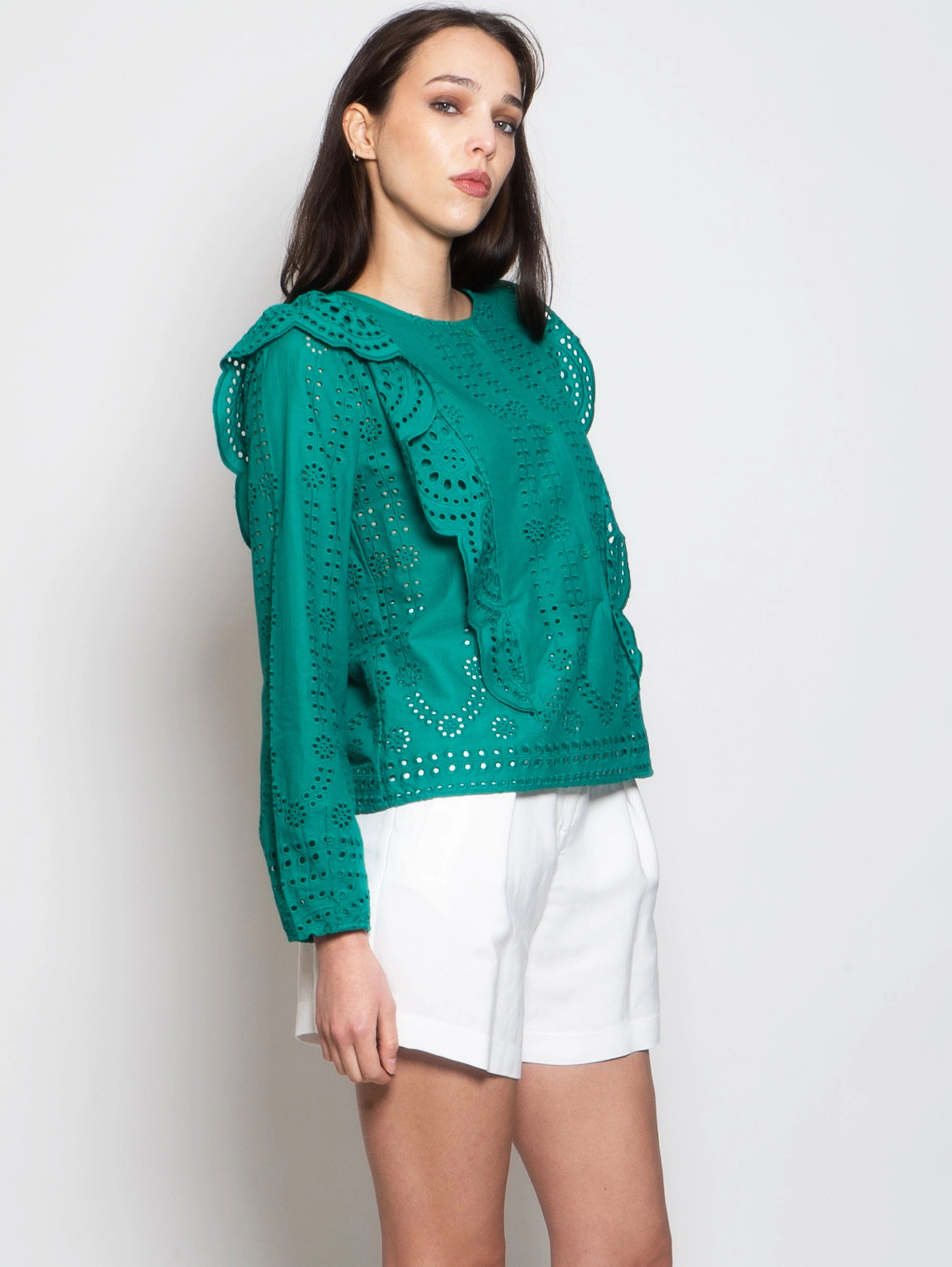 Cotton Round Neck Blouse with Green Embroideries
