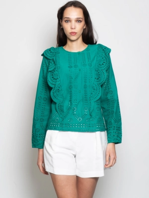 Cotton Round Neck Blouse with Green Embroideries