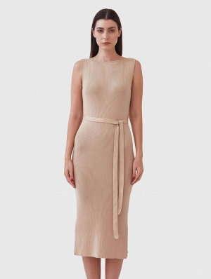 Knitted Organic Cotton Boat Neck Dress | Sand