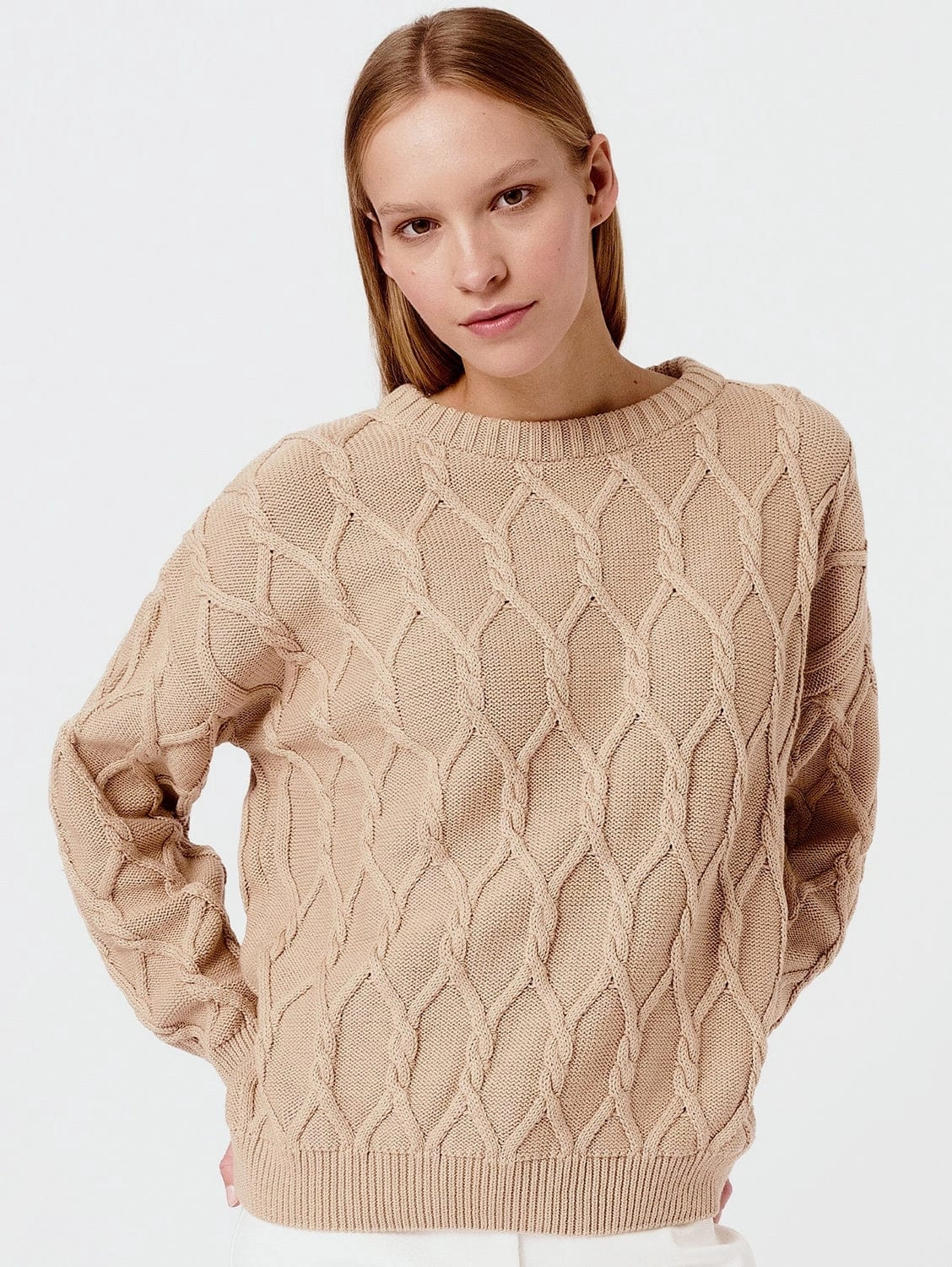 Knitted Organic Cotton Cable Knit Jumper | Sand