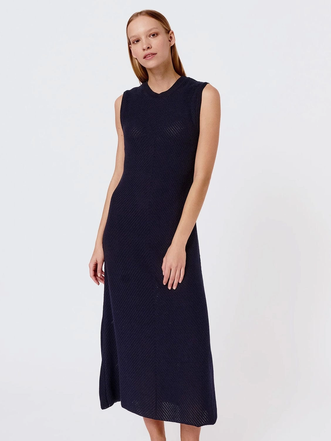 Knitted Organic Cotton Pinpoint Dress | Navy Blue