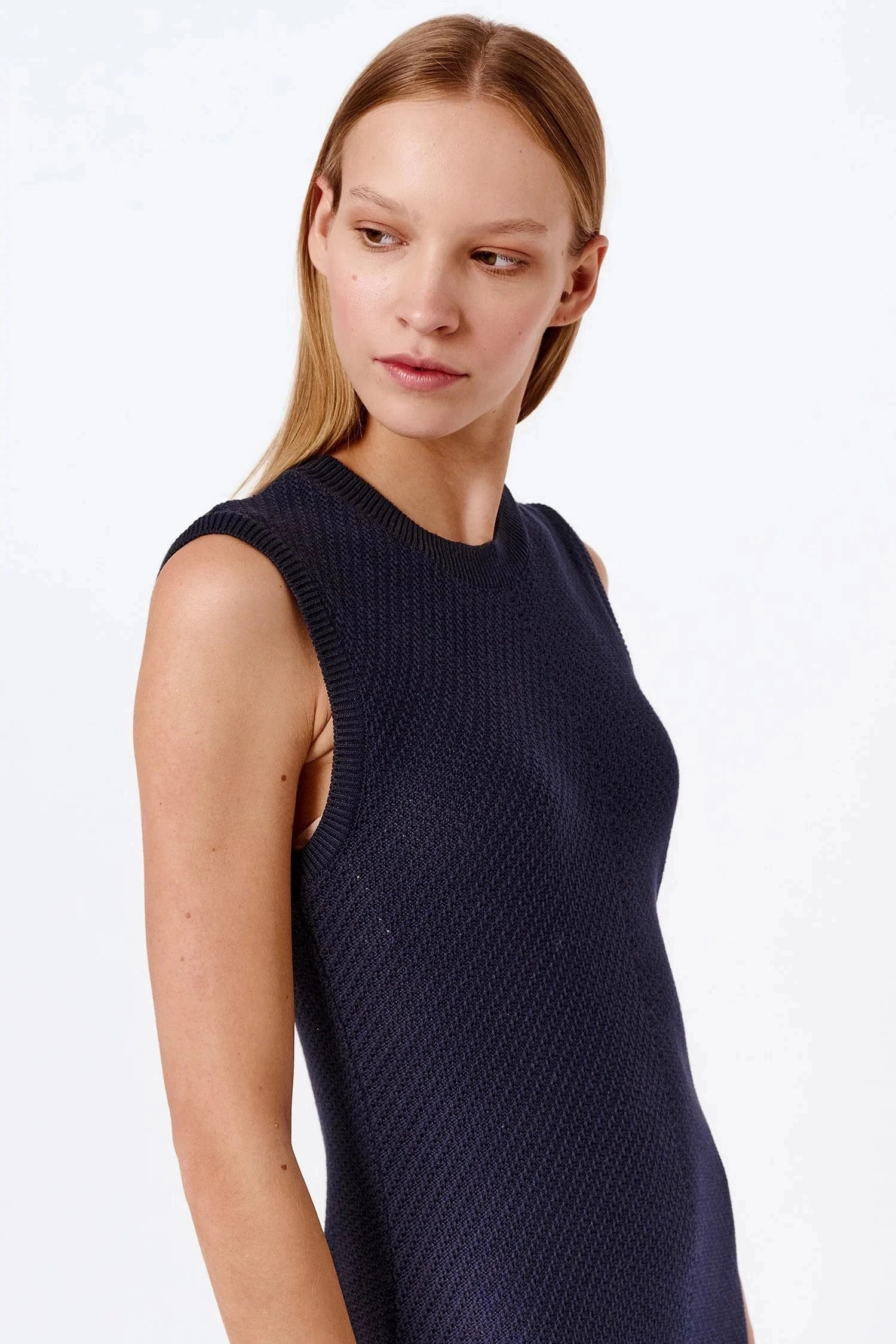Knitted Organic Cotton Pinpoint Dress | Navy Blue
