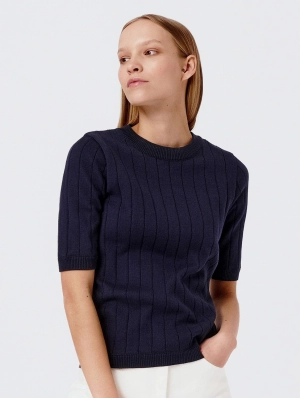 Knitted Organic Cotton Ribbed Short Sleeved Top | Navy Blue