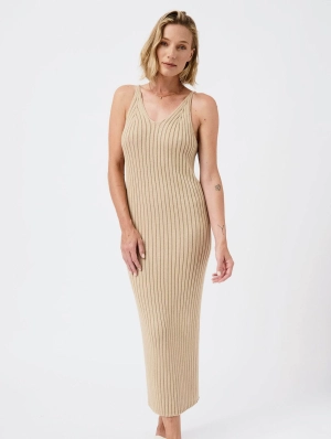 Knitted Organic Cotton Ribbed Strap Dress | Sand