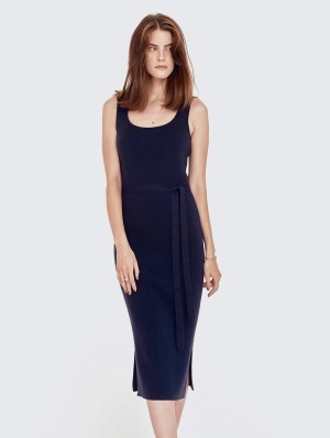Knitted Organic Cotton Scoop Neck Dress | Navy Blue