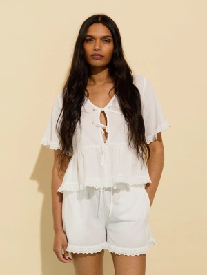Leona Organic Cotton Broderie Detail Pyjama Shorts | Soft White