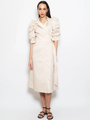 Long Dress with Short Beige Puff Sleeves