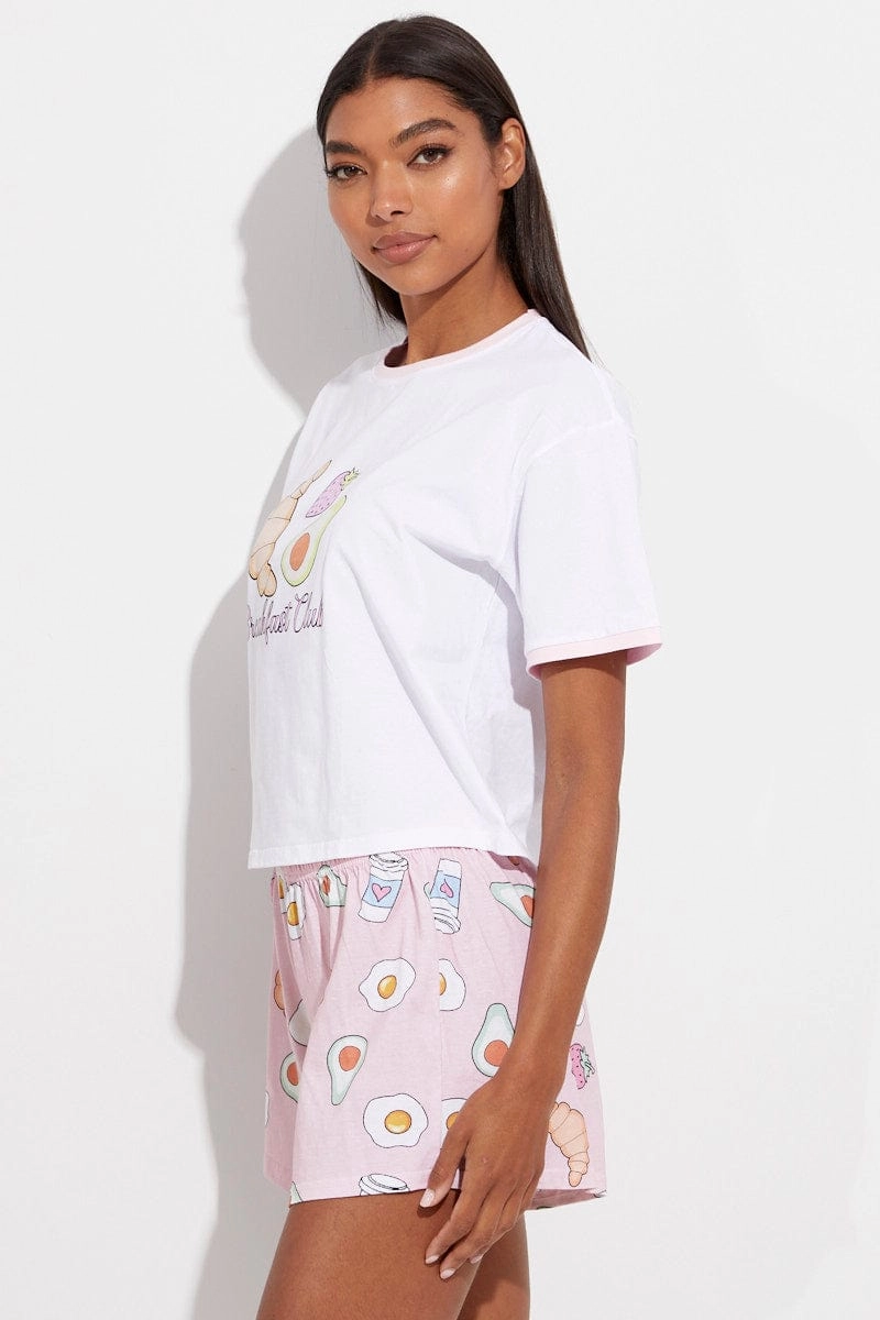 Pink Print Breakfast Pj Graphic Jersey Pyjama 2 Piece Set