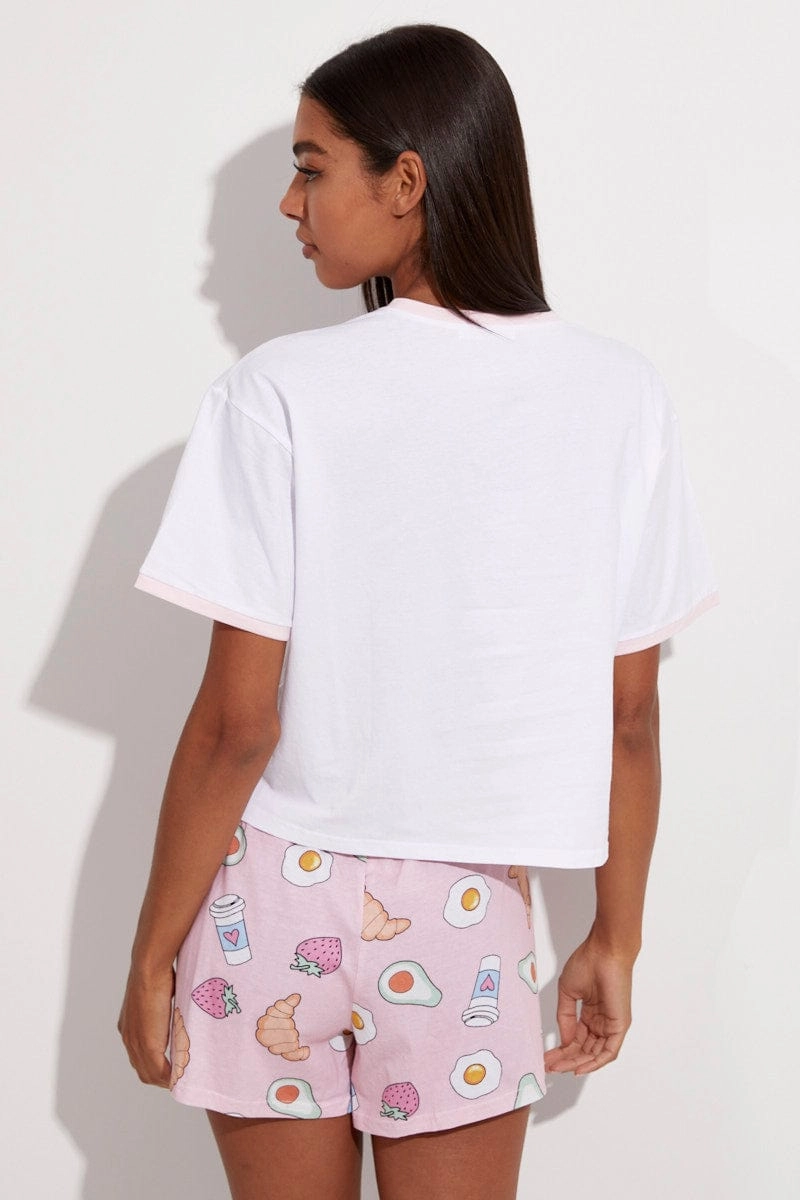 Pink Print Breakfast Pj Graphic Jersey Pyjama 2 Piece Set