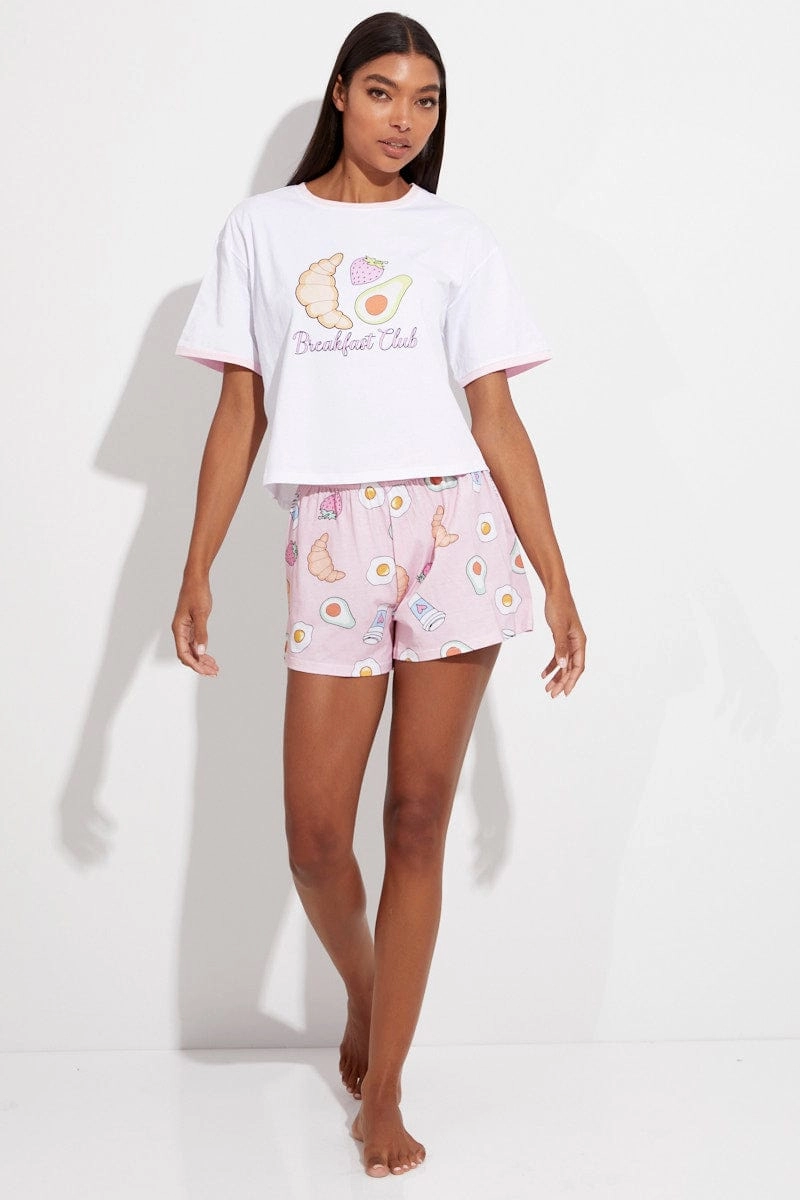 Pink Print Breakfast Pj Graphic Jersey Pyjama 2 Piece Set