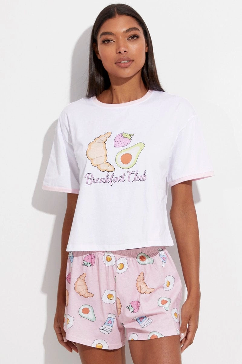 Pink Print Breakfast Pj Graphic Jersey Pyjama 2 Piece Set