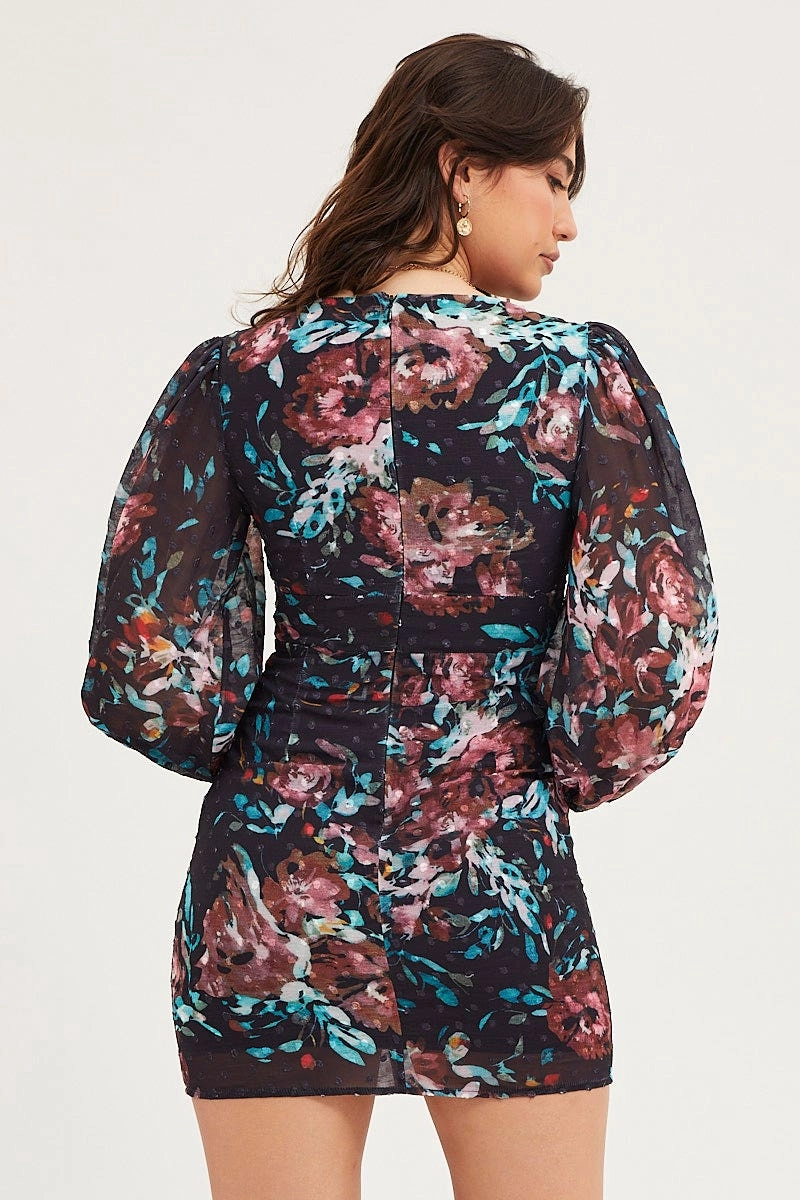 Print Mini Dress Long Sleeve Evening