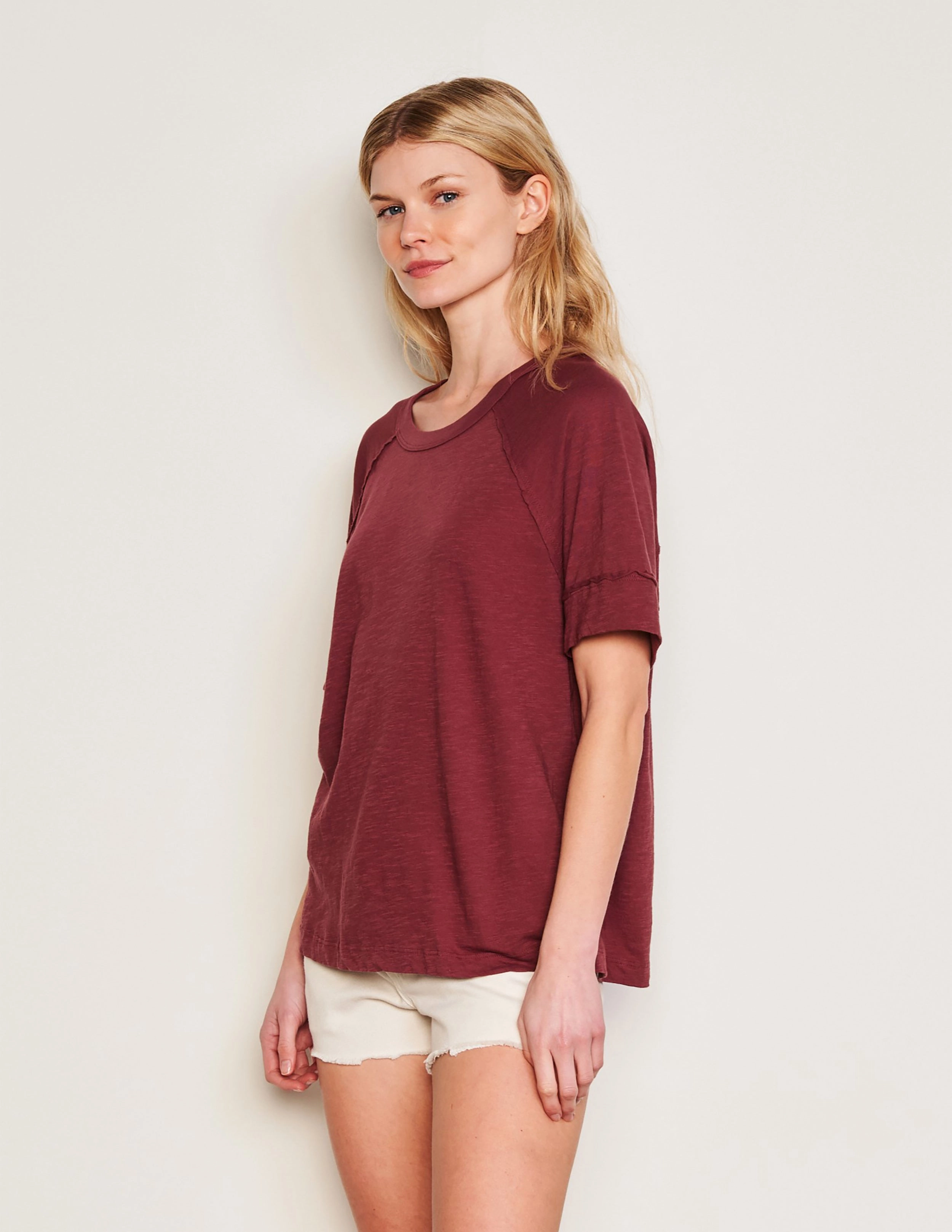 Sundry Boyfriend Tee & Shirred Midi Skirt Set in Merlot