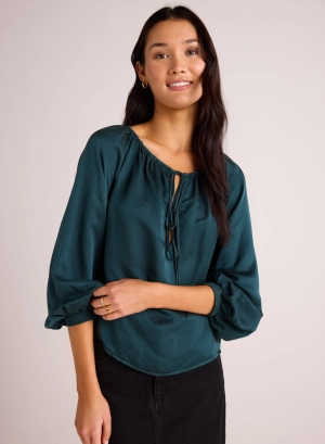 Tie Neck Raglan Top - Marine Teal
